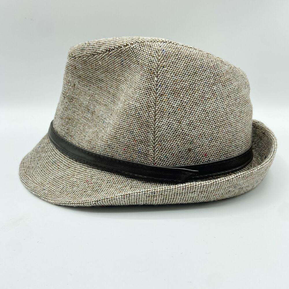 Tweed Fedora Hat Light Brown‎ with Faux Leather Skinny Band - Picture 2 of 12